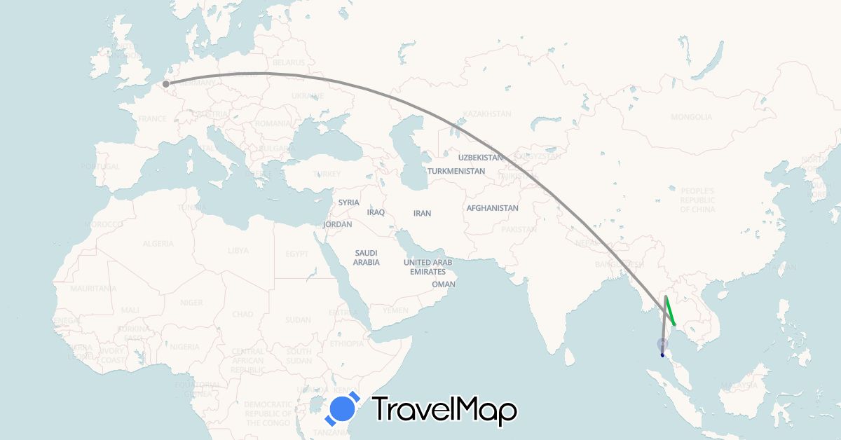 TravelMap itinerary: driving, bus, plane in Belgium, Thailand (Asia, Europe)